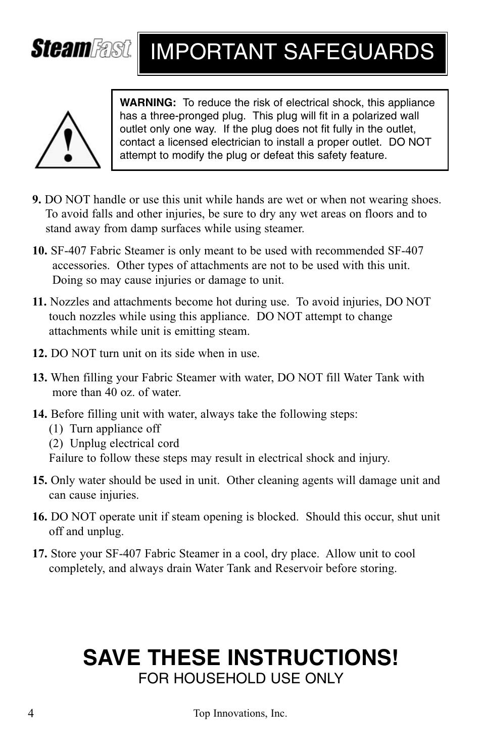 Important safeguards save these instructions | Top Innovations SF-407 User Manual | Page 4 / 16