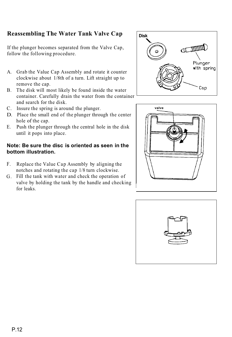 Reassembling, Water tank valve cap | Top Innovations SP-350 User Manual | Page 13 / 13