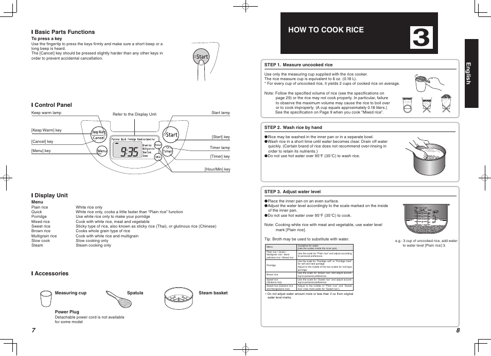 How to cook rice, English, Basic parts functions | Display unit, Accessories ❙ control panel | Tiger Products Co., Ltd JBA-T10A User Manual | Page 5 / 17