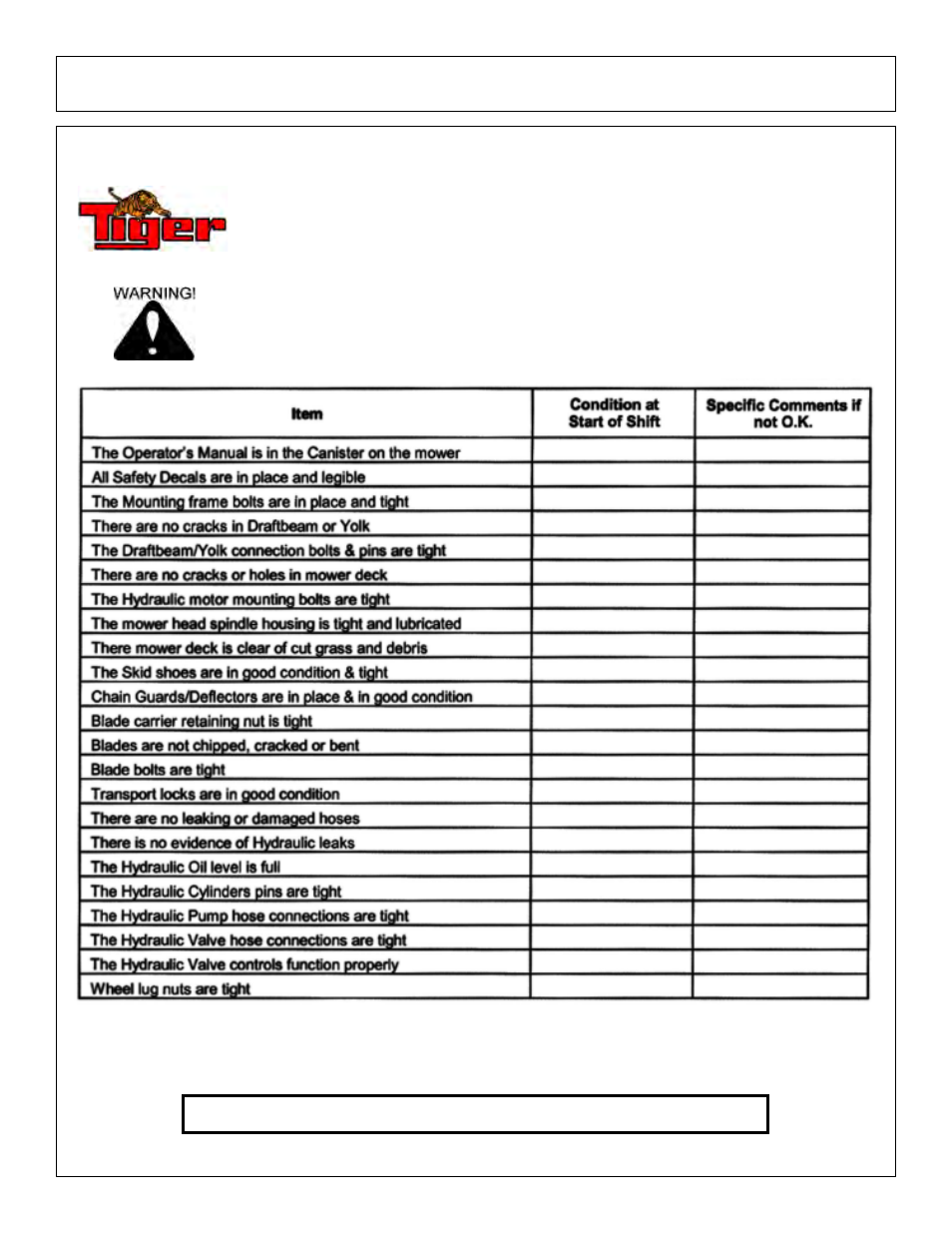 Operation rotary mower pre-operation inspection | Tiger Products Co., Ltd M105X/S User Manual | Page 53 / 176