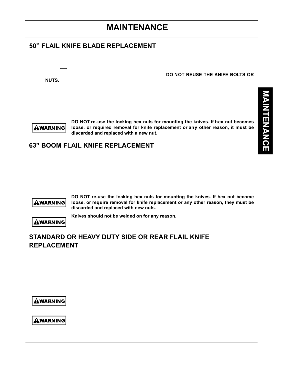 Maintenance, 50” flail knife blade replacement, 63” boom flail knife replacement | Tiger Products Co., Ltd JOHN DEERE 5101E User Manual | Page 115 / 210