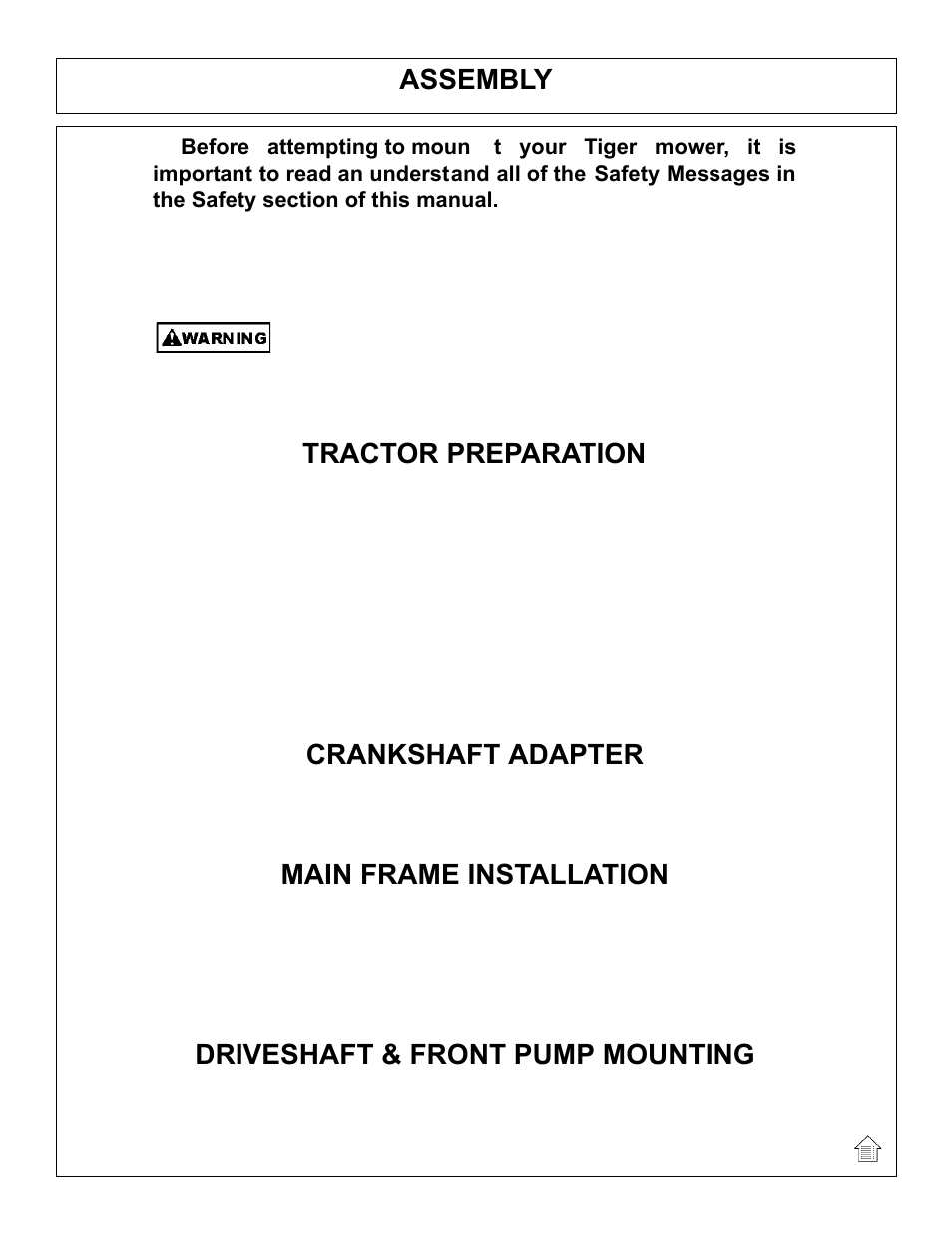 Assembly, Crankshaft adapter, Main frame installation | Driveshaft & front pump mounting, Tractor preparation | Tiger Products Co., Ltd JOHN DEERE 5101E User Manual | Page 28 / 210