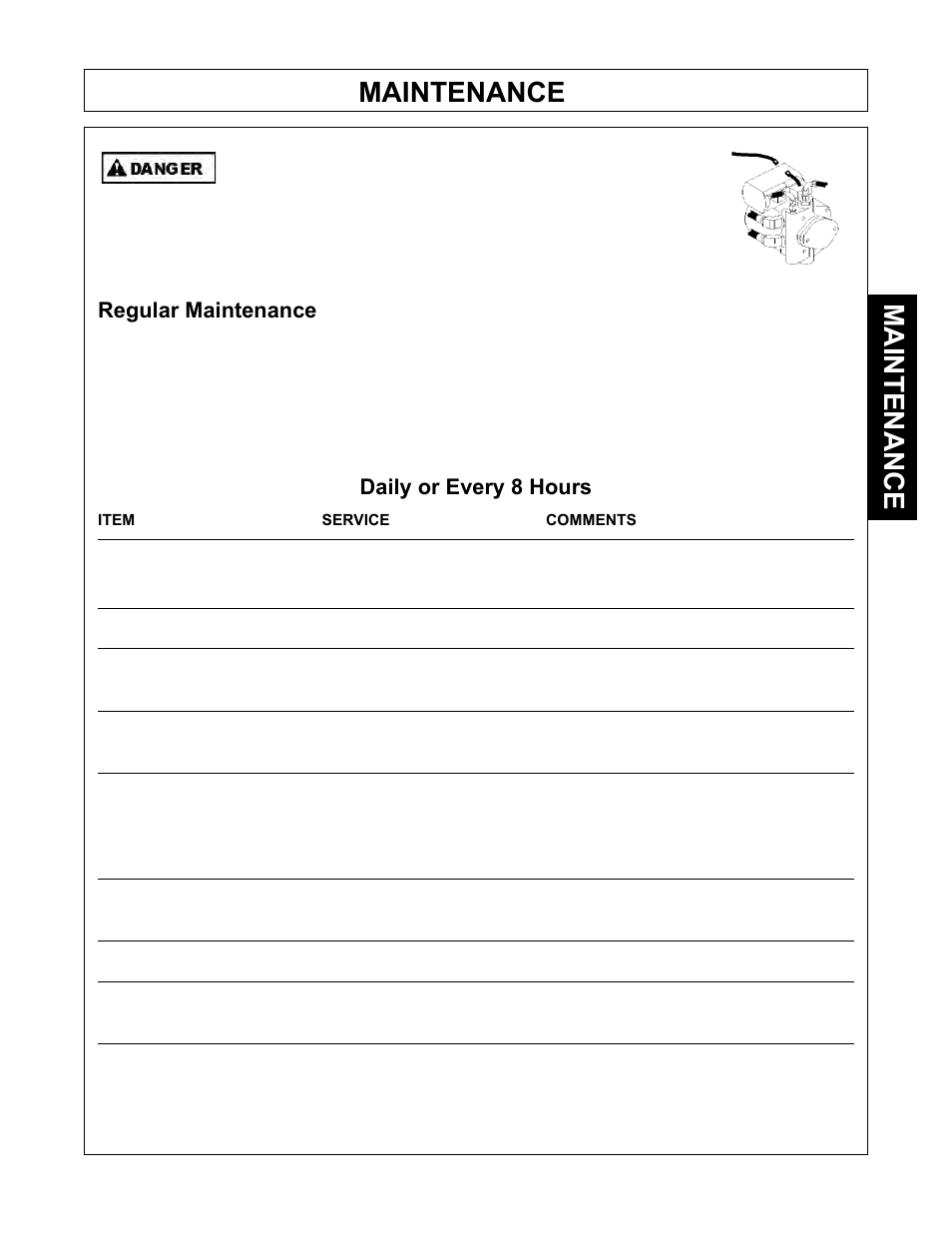 Maintenance, Regular maintenance, Daily or every 8 hours | Tiger Products Co., Ltd JOHN DEERE 5101E User Manual | Page 91 / 210