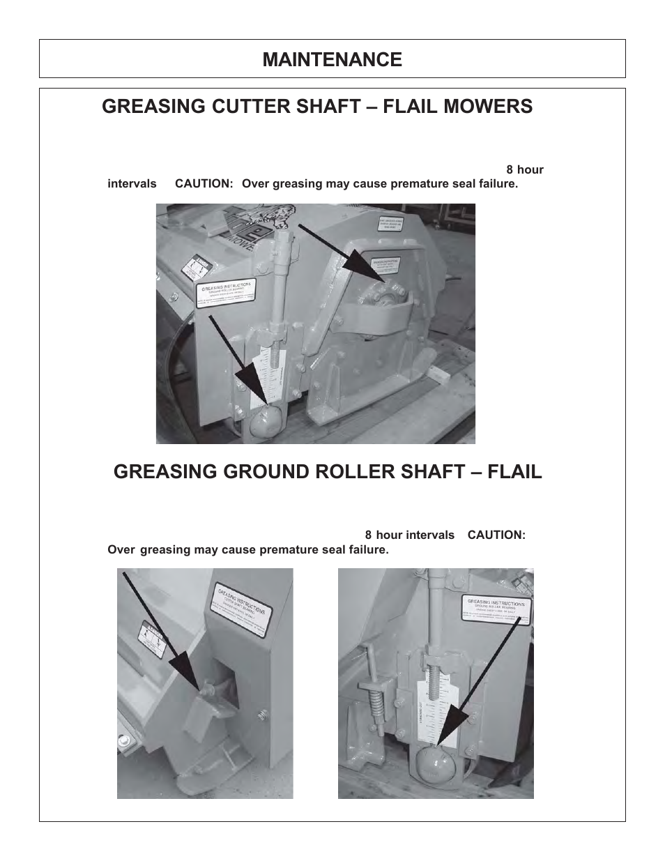 Maintenance greasing cutter shaft – flail mowers, Greasing ground roller shaft – flail | Tiger Products Co., Ltd JD 5520 User Manual | Page 72 / 222