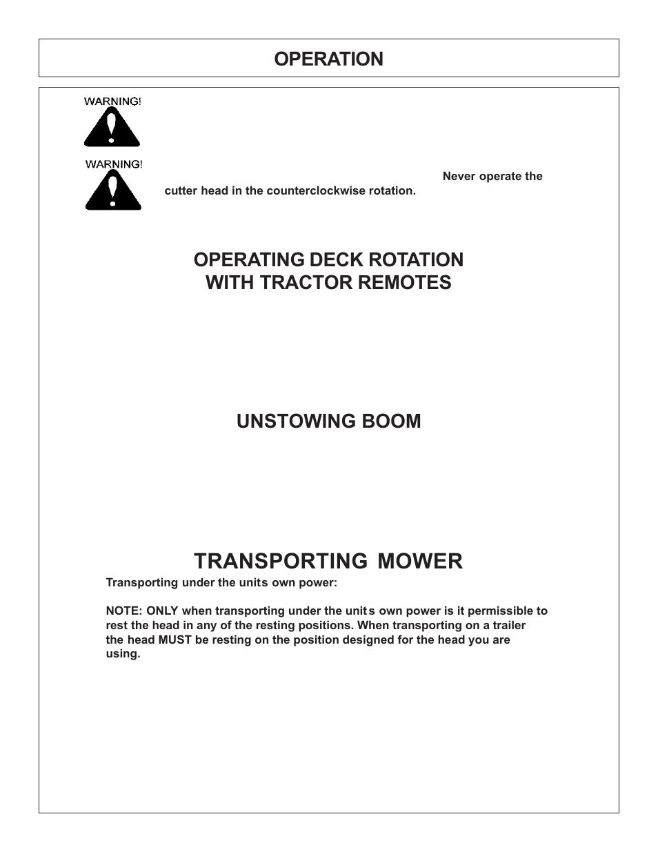 Transporting mower, Operation, Unstowing boom | Operating deck rotation with tractor remotes | Tiger Products Co., Ltd COUGAR BOOM 7X30 User Manual | Page 77 / 188