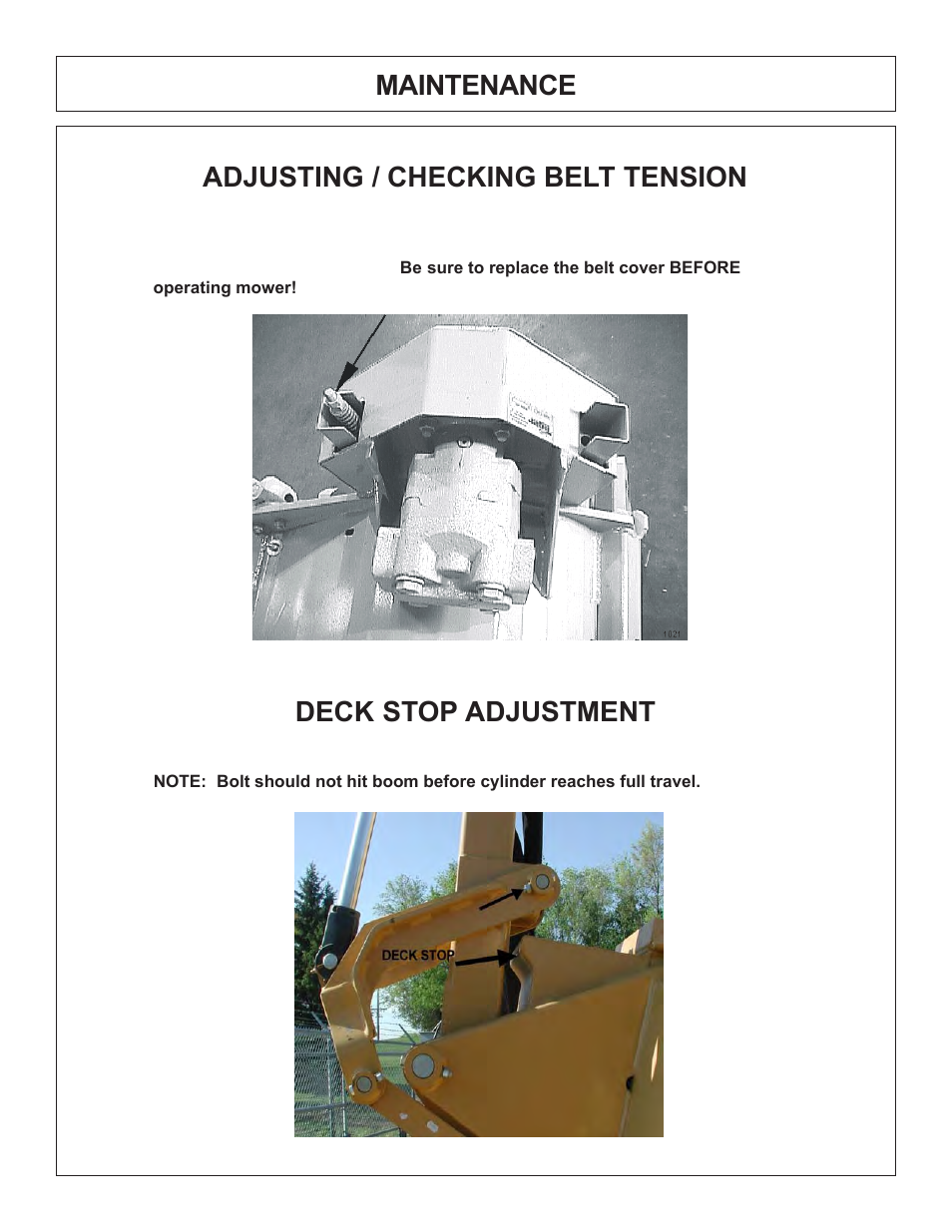 Maintenance adjusting / checking belt tension, Deck stop adjustment | Tiger Products Co., Ltd COUGAR BOOM 7X30 User Manual | Page 94 / 188