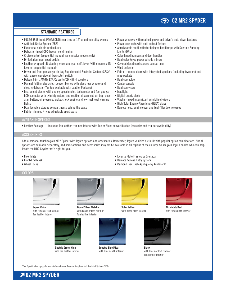 TOYOTA Spyder 02 MR2 User Manual | Page 2 / 3
