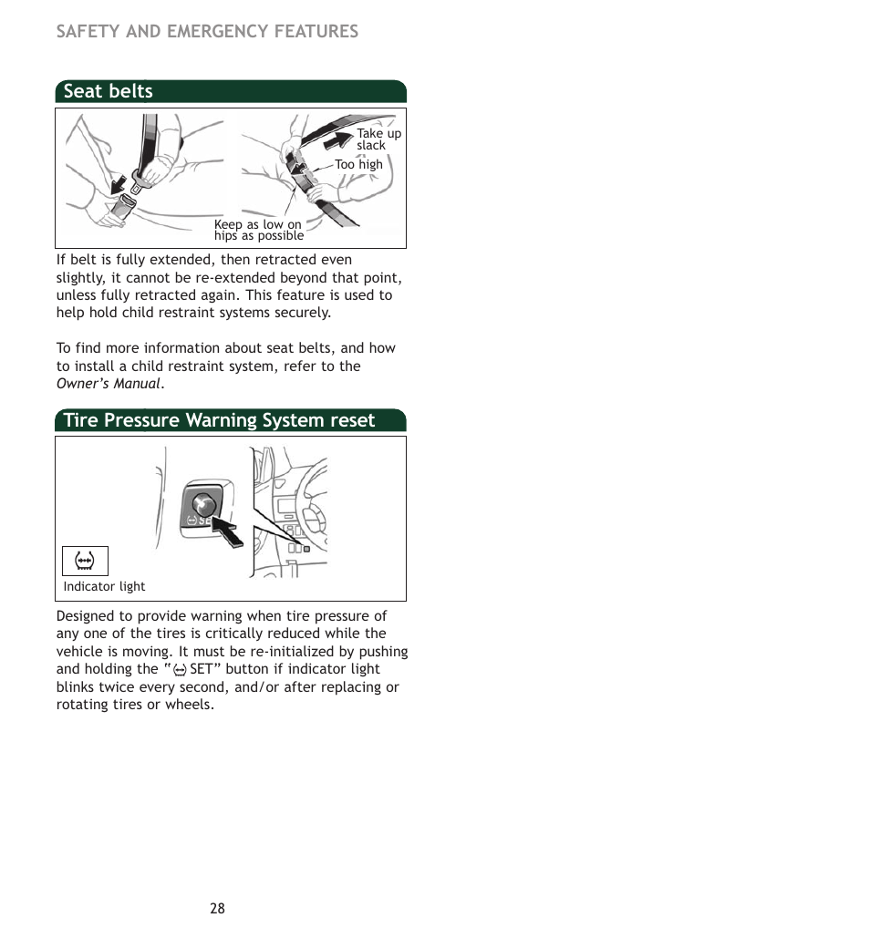 Seat belts tire pressure warning system reset, Safety and emergency features | TOYOTA SIENNA MN 00452-PRG06-SIE User Manual | Page 17 / 17