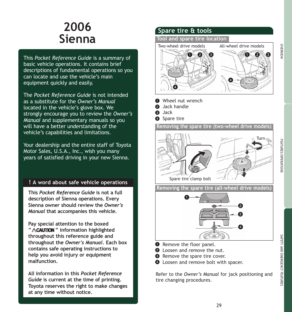 2006 sienna, Spare tire & tools | TOYOTA SIENNA MN 00452-PRG06-SIE User Manual | Page 2 / 17