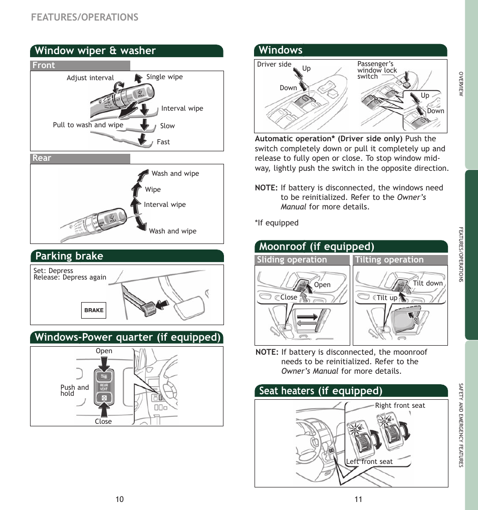 Windows, Moonroof (if equipped), Seat heaters (if equipped) | Window wiper & washer, Windows-power quarter (if equipped), Parking brake, Features/operations | TOYOTA SIENNA MN 00452-PRG06-SIE User Manual | Page 8 / 17