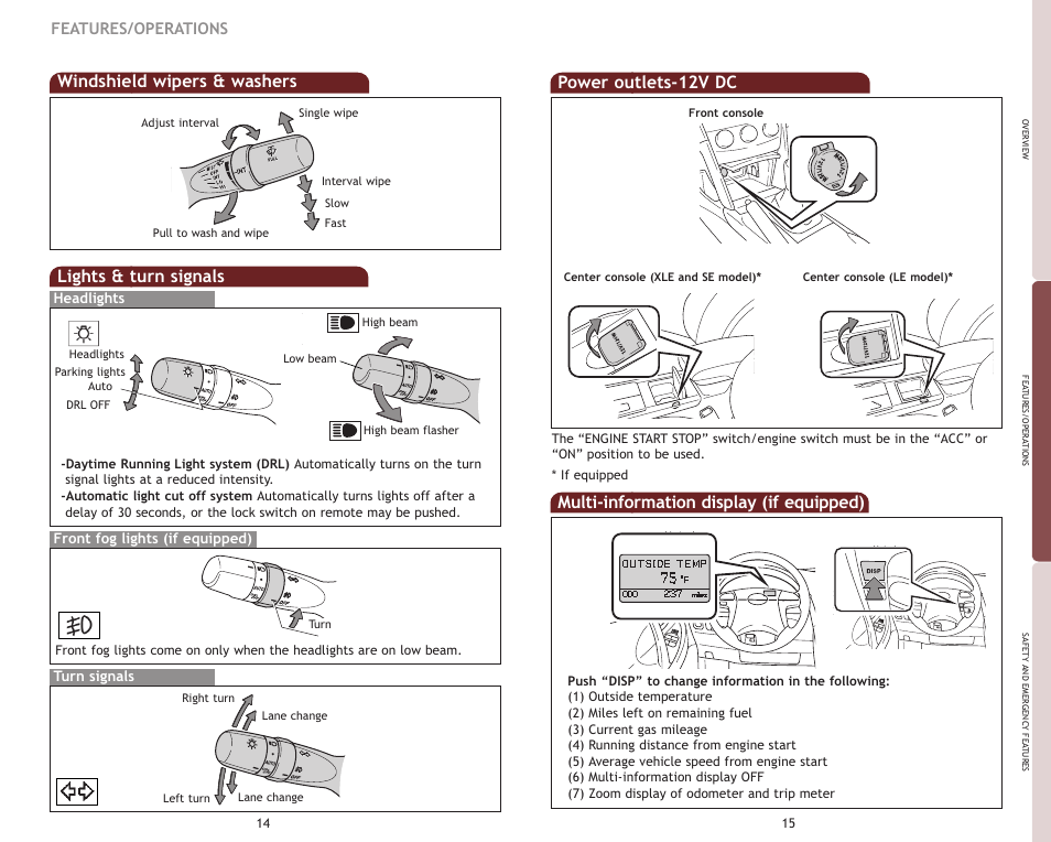 Power outlets-12v dc, Lights & turn signals, Windshield wipers & washers | Multi-information display (if equipped), Features/operations | TOYOTA 2009 Camry User Manual | Page 10 / 17