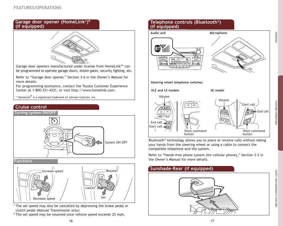 Telephone controls (bluetooth, If equipped), Cruise control | Features/operations | TOYOTA 2009 Camry User Manual | Page 11 / 17
