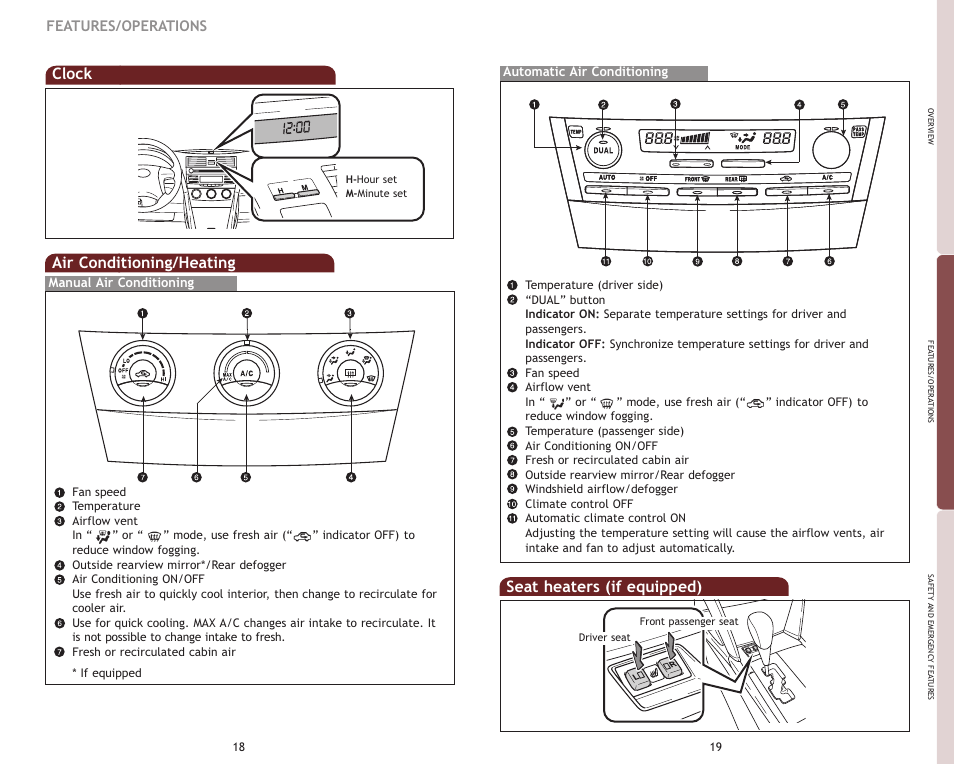 Air conditioning/heating, Seat heaters (if equipped), Clock | Features/operations | TOYOTA 2009 Camry User Manual | Page 12 / 17