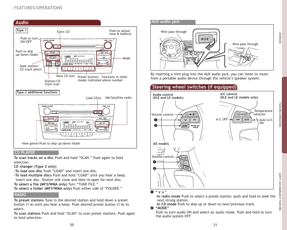 Steering wheel switches (if equipped), Audio, Features/operations | TOYOTA 2009 Camry User Manual | Page 13 / 17