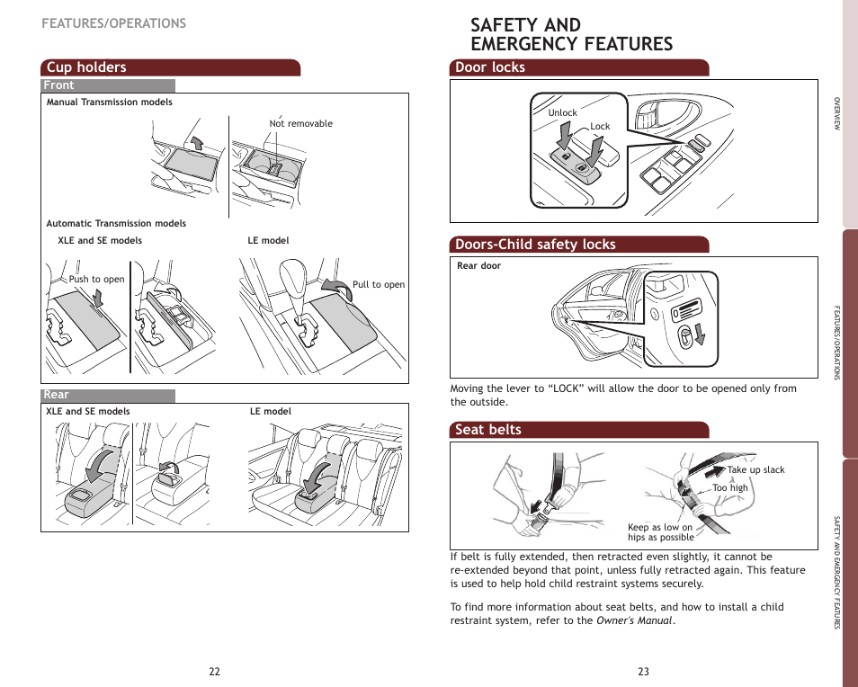 Safety and emergency features, Cup holders, Door locks | Doors-child safety locks, Seat belts, Features/operations | TOYOTA 2009 Camry User Manual | Page 14 / 17