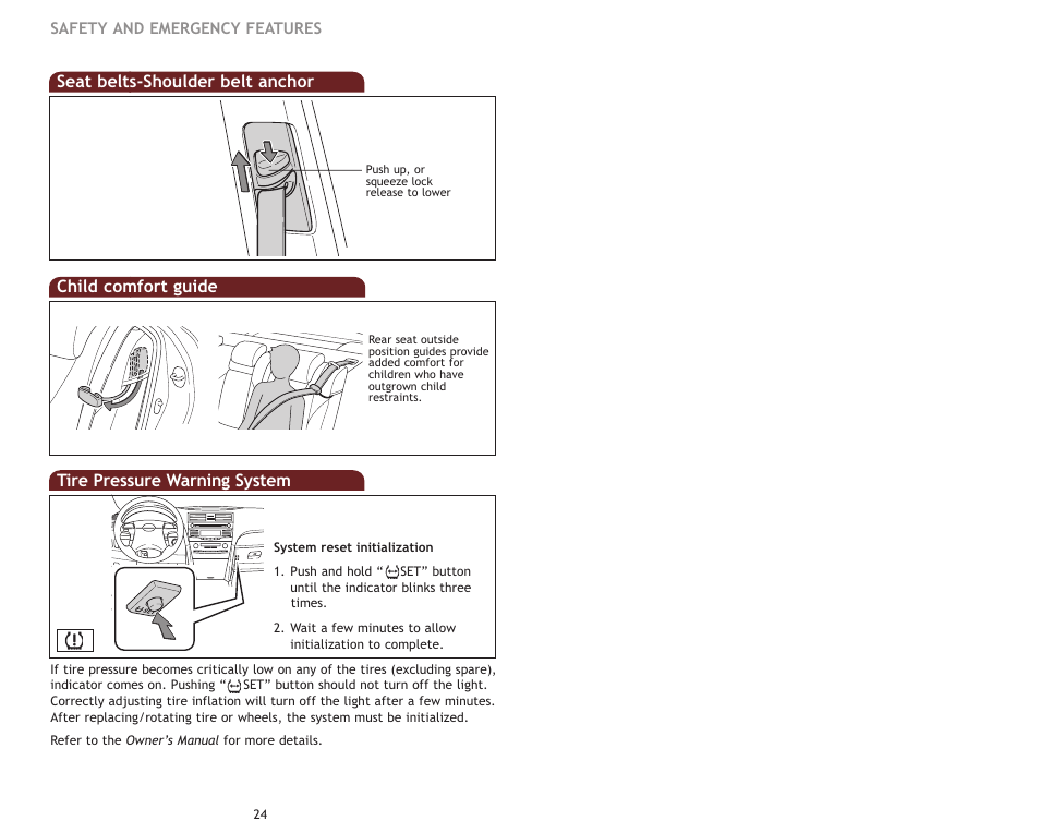 Child comfort guide, Tire pressure warning system, Seat belts-shoulder belt anchor | TOYOTA 2009 Camry User Manual | Page 15 / 17