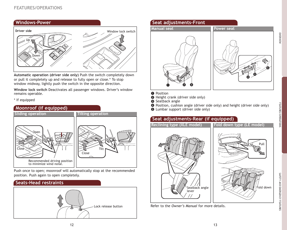 Moonroof (if equipped), Seat adjustments-front, Seat adjustments-rear (if equipped) | Seats-head restraints, Windows-power, Features/operations | TOYOTA 2009 Camry User Manual | Page 9 / 17