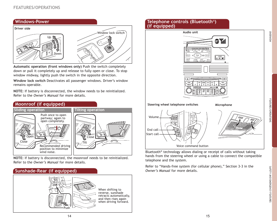 Windows-power, Moonroof (if equipped), Sunshade-rear (if equipped) | Telephone controls (bluetooth, If equipped), Features/operations | TOYOTA 2009 Avalon User Manual | Page 10 / 17