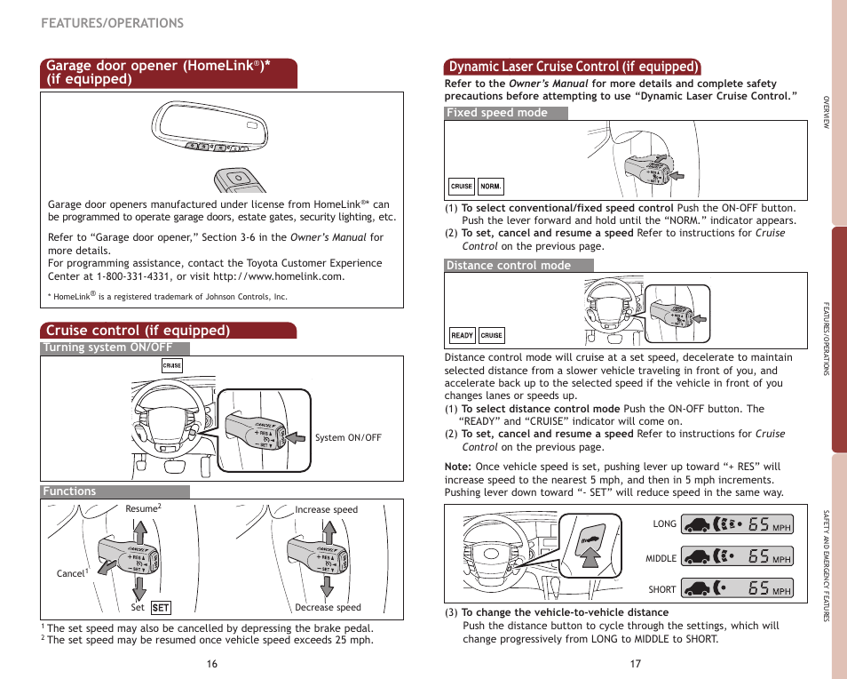 Garage door opener (homelink, If equipped), Cruise control (if equipped) | Dynamic laser cruise control (if equipped), Features/operations | TOYOTA 2009 Avalon User Manual | Page 11 / 17