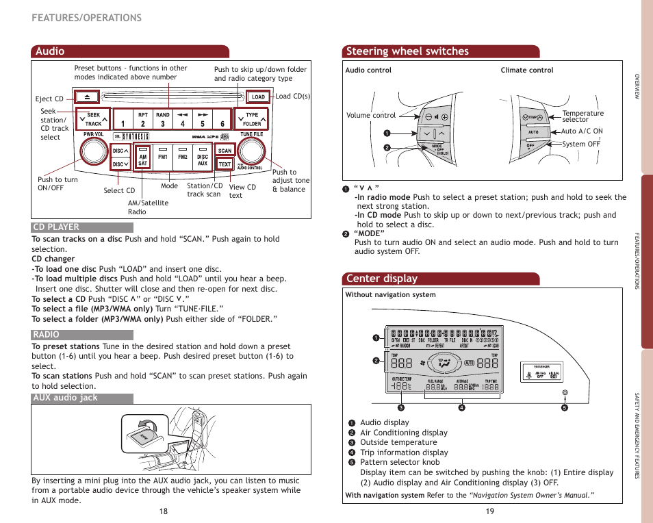 Center display, Audio, Steering wheel switches | Features/operations | TOYOTA 2009 Avalon User Manual | Page 12 / 17