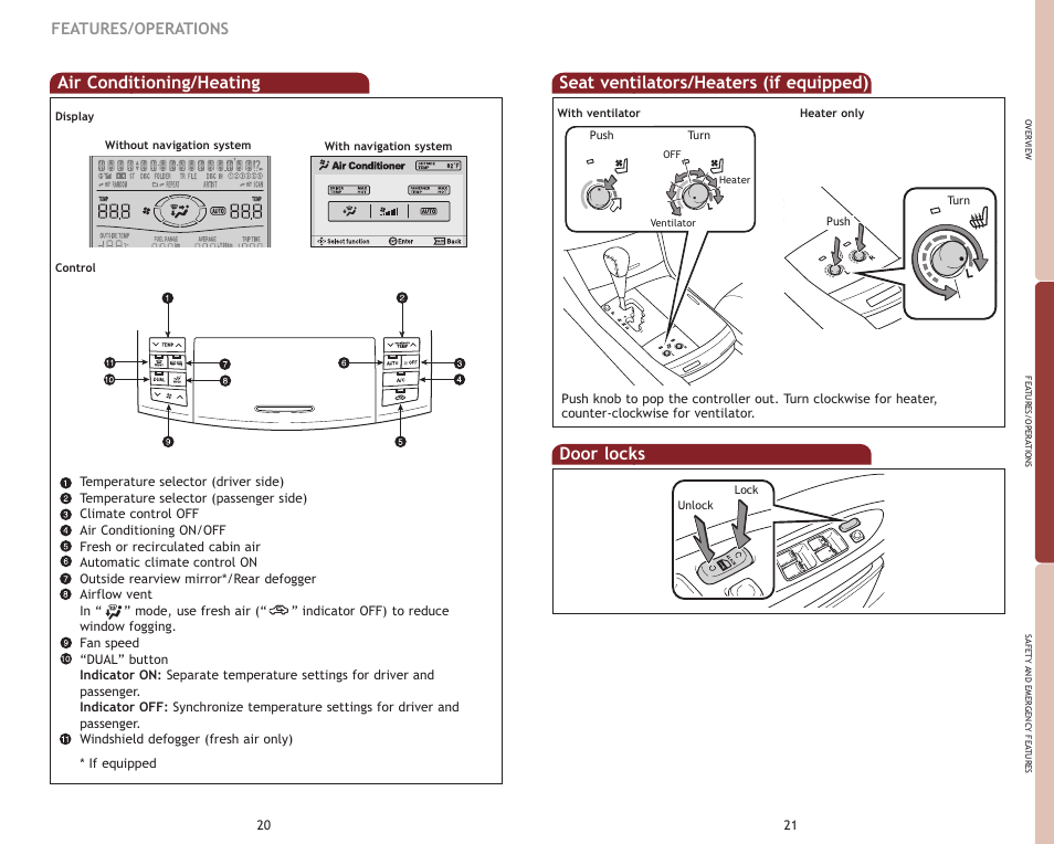 Door locks, Air conditioning/heating, Seat ventilators/heaters (if equipped) | Features/operations | TOYOTA 2009 Avalon User Manual | Page 13 / 17