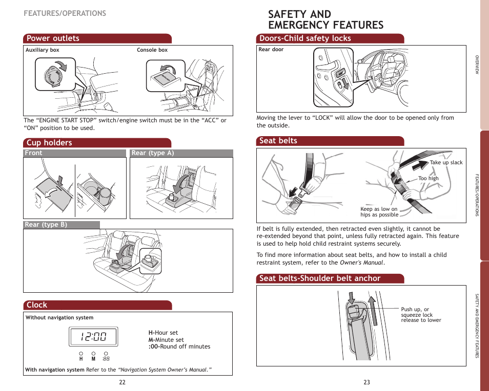 Safety and emergency features, Cup holders, Power outlets | Clock, Doors-child safety locks, Seat belts, Seat belts-shoulder belt anchor, Features/operations | TOYOTA 2009 Avalon User Manual | Page 14 / 17