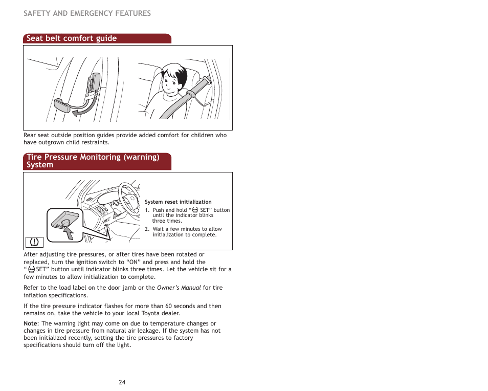 Seat belt comfort guide, Tire pressure monitoring (warning) system | TOYOTA 2009 Avalon User Manual | Page 15 / 17