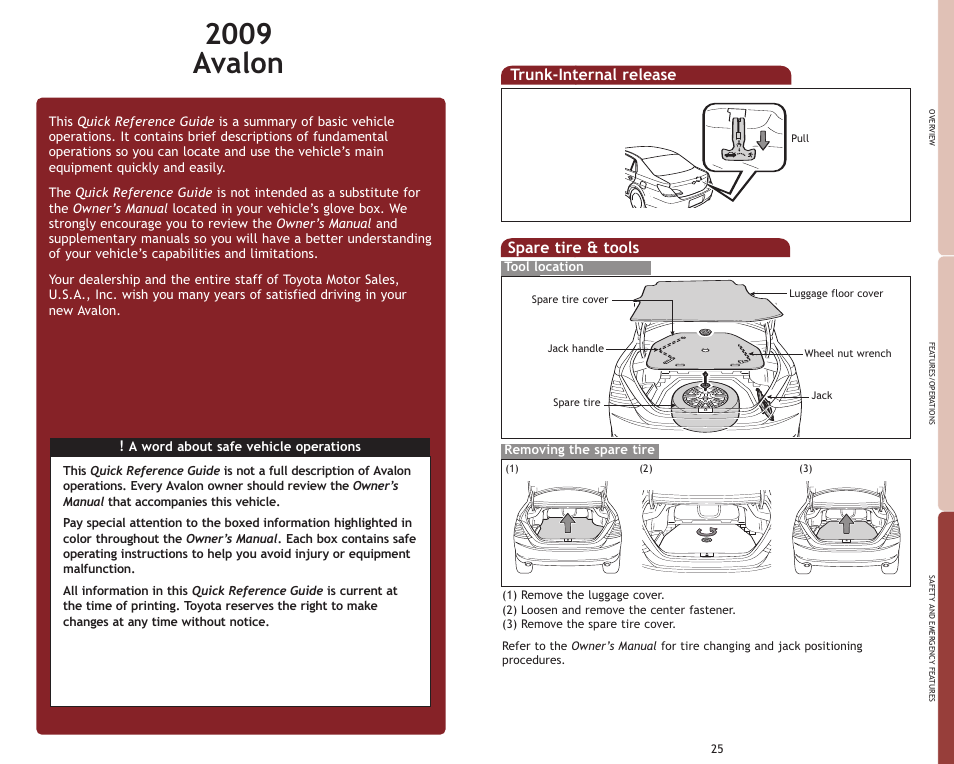 2009 avalon, Spare tire & tools, Trunk-internal release | TOYOTA 2009 Avalon User Manual | Page 16 / 17