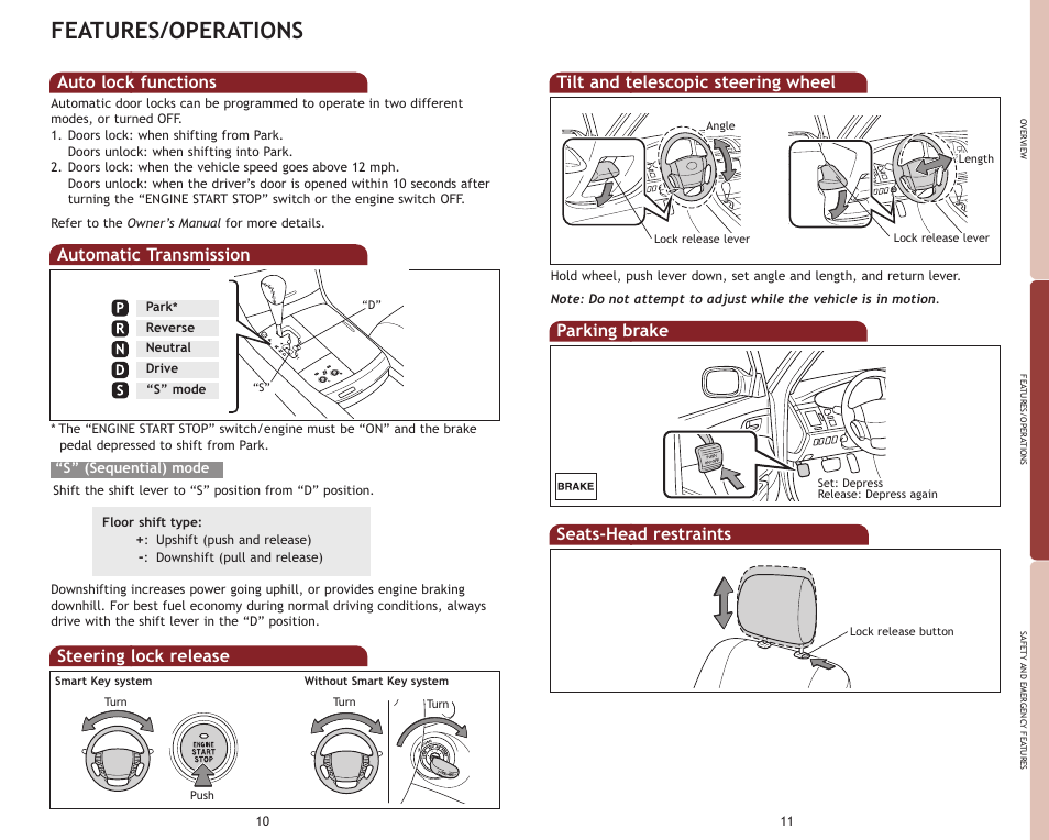 Features/operations, Automatic transmission, Steering lock release | Auto lock functions, Parking brake, Tilt and telescopic steering wheel, Seats-head restraints | TOYOTA 2009 Avalon User Manual | Page 8 / 17