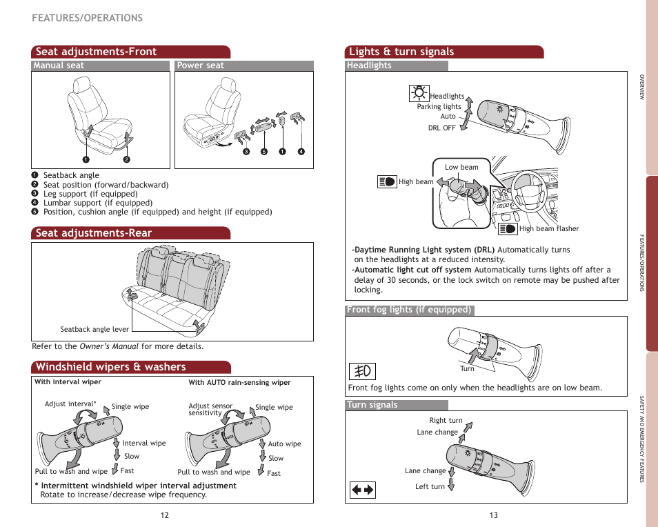 Seat adjustments-rear, Seat adjustments-front, Windshield wipers & washers | Lights & turn signals, Features/operations | TOYOTA 2009 Avalon User Manual | Page 9 / 17