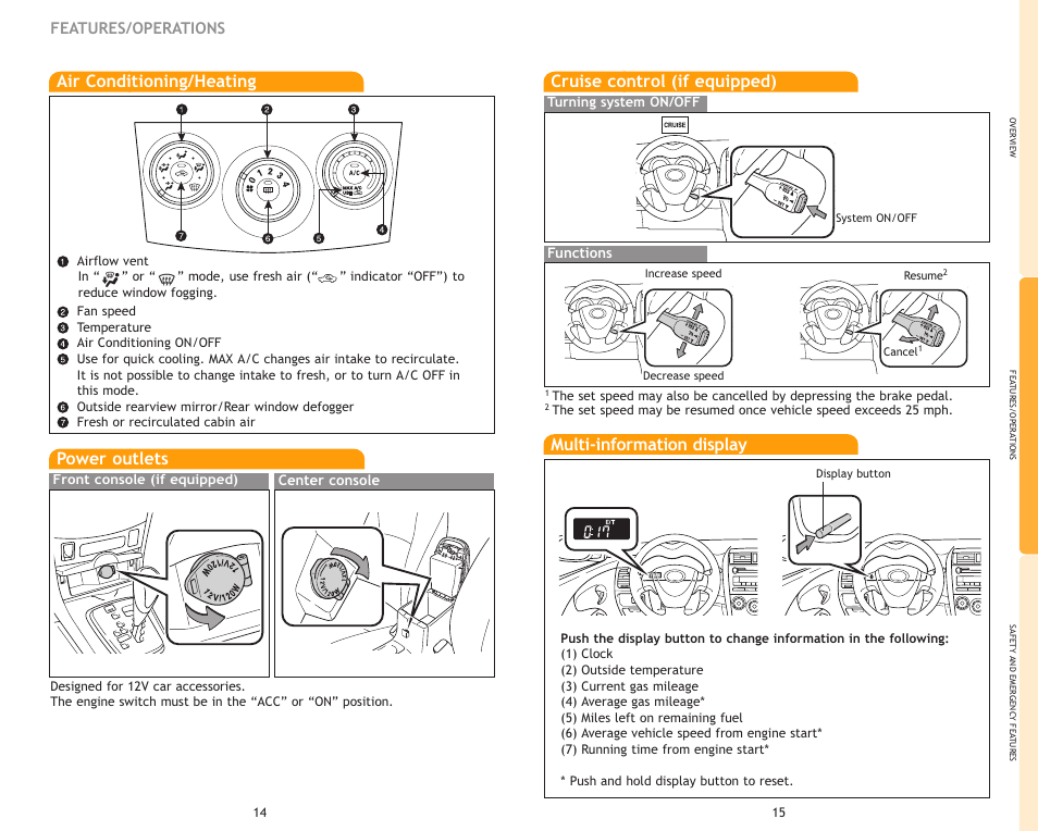 Cruise control (if equipped), Multi-information display, Air conditioning/heating | Power outlets, Features/operations, Functions, Center console | TOYOTA Corolla MN 00505-QRG09-COR User Manual | Page 10 / 14