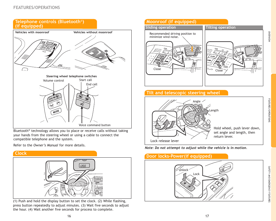 Telephone controls (bluetooth, If equipped), Tilt and telescopic steering wheel | Door locks-power(if equipped), Moonroof (if equipped), Clock, Features/operations | TOYOTA Corolla MN 00505-QRG09-COR User Manual | Page 11 / 14
