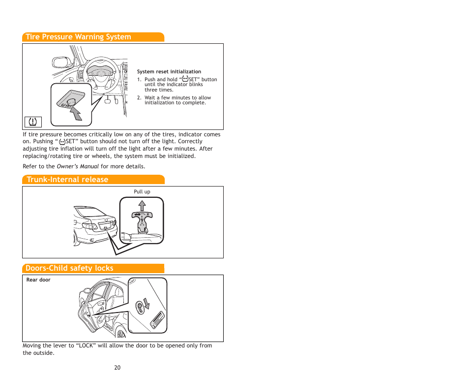 Tire pressure warning system, Trunk-internal release, Doors-child safety locks | TOYOTA Corolla MN 00505-QRG09-COR User Manual | Page 13 / 14