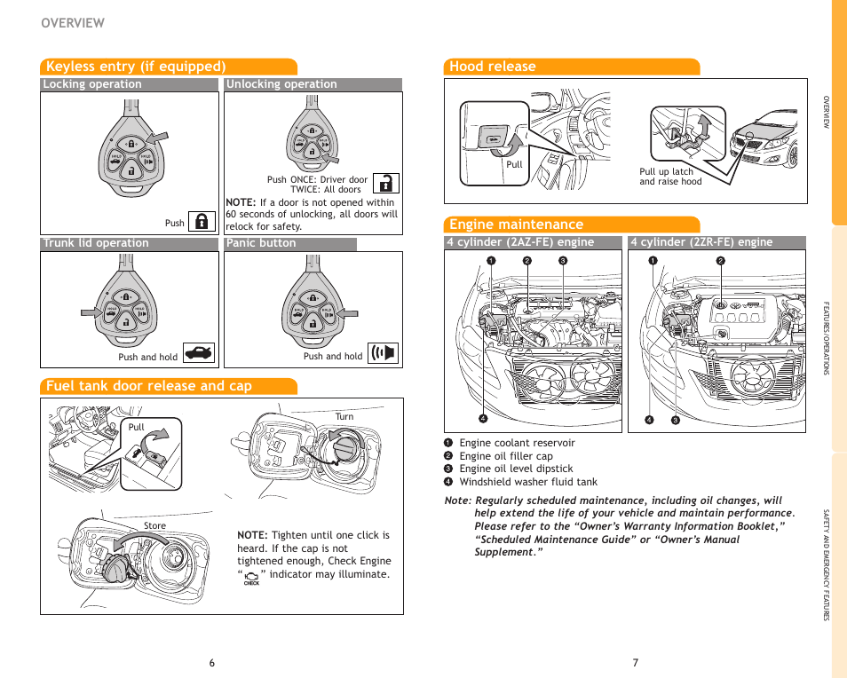 Keyless entry (if equipped), Fuel tank door release and cap, Hood release | Engine maintenance, Overview | TOYOTA Corolla MN 00505-QRG09-COR User Manual | Page 6 / 14