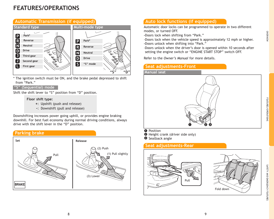 Features/operations, Automatic transmission (if equipped), Auto lock functions (if equipped) | Seat adjustments-rear seat adjustments-front, Parking brake | TOYOTA Corolla MN 00505-QRG09-COR User Manual | Page 7 / 14