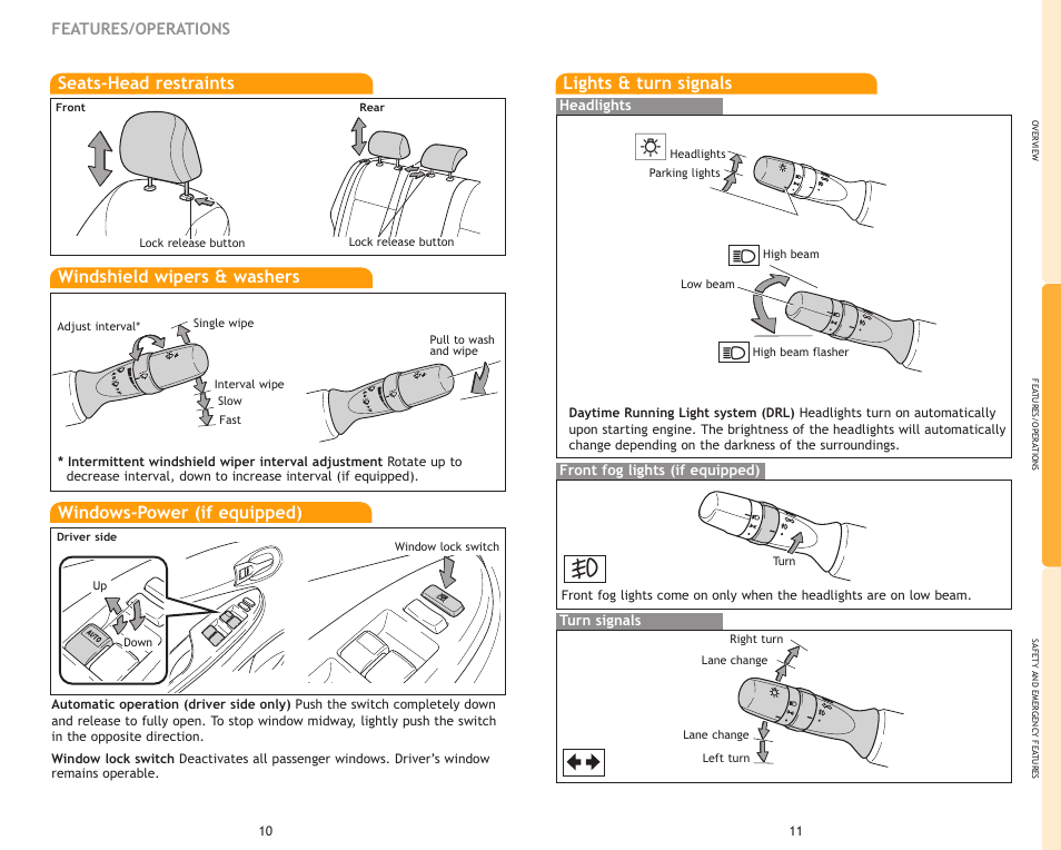 Seats-head restraints, Lights & turn signals, Windshield wipers & washers | Windows-power (if equipped), Features/operations, Turn signals headlights, Front fog lights (if equipped) | TOYOTA Corolla MN 00505-QRG09-COR User Manual | Page 8 / 14