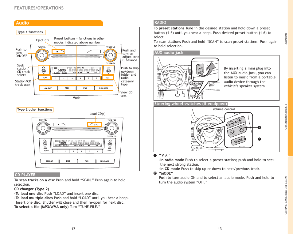 Audio, Features/operations | TOYOTA Corolla MN 00505-QRG09-COR User Manual | Page 9 / 14