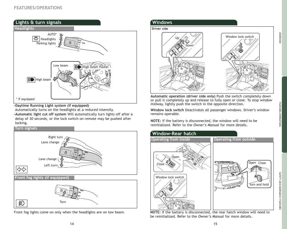 Lights & turn signals, Windows, Window-rear hatch | Features/operations | TOYOTA 2009 4Runner User Manual | Page 10 / 17