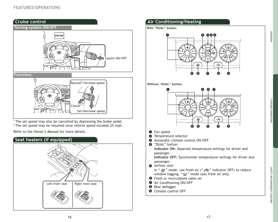 Cruise control, Seat heaters (if equipped), Air conditioning/heating | Features/operations, Turning system on/off functions | TOYOTA 2009 4Runner User Manual | Page 11 / 17