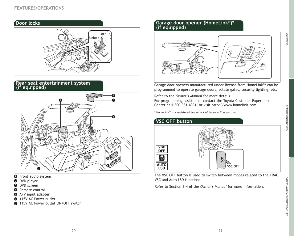 Door locks, Rear seat entertainment system (if equipped), Garage door opener (homelink | If equipped), Vsc off button, Features/operations | TOYOTA 2009 4Runner User Manual | Page 13 / 17