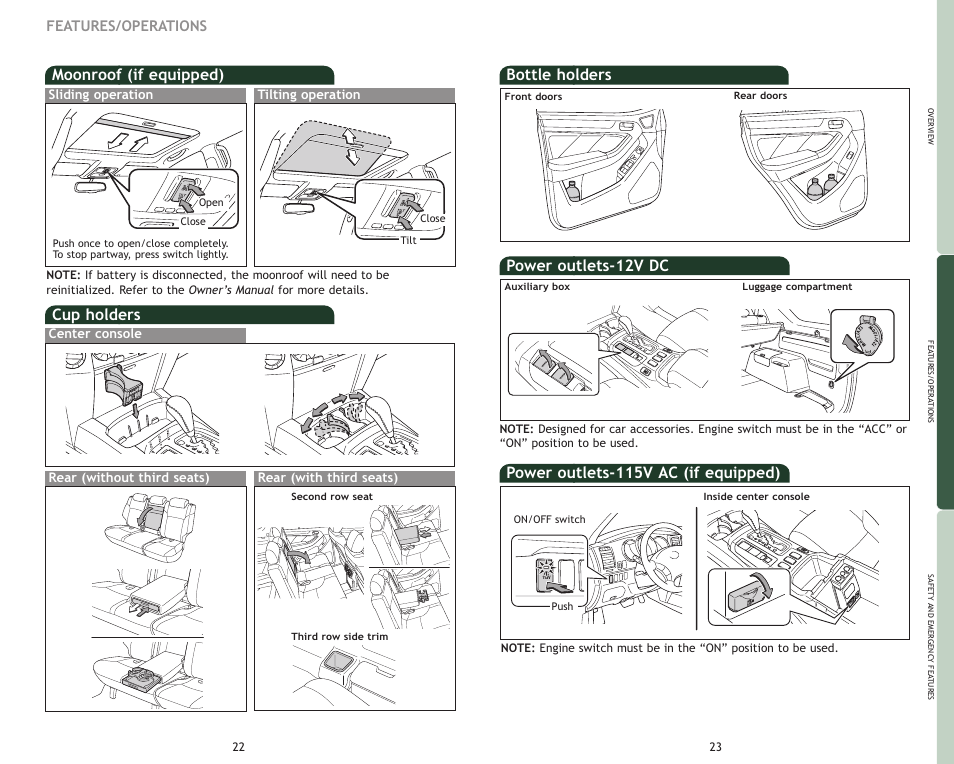 Moonroof (if equipped), Cup holders, Power outlets-12v dc | Bottle holders, Power outlets-115v ac (if equipped), Features/operations, Center console rear (with third seats) | TOYOTA 2009 4Runner User Manual | Page 14 / 17