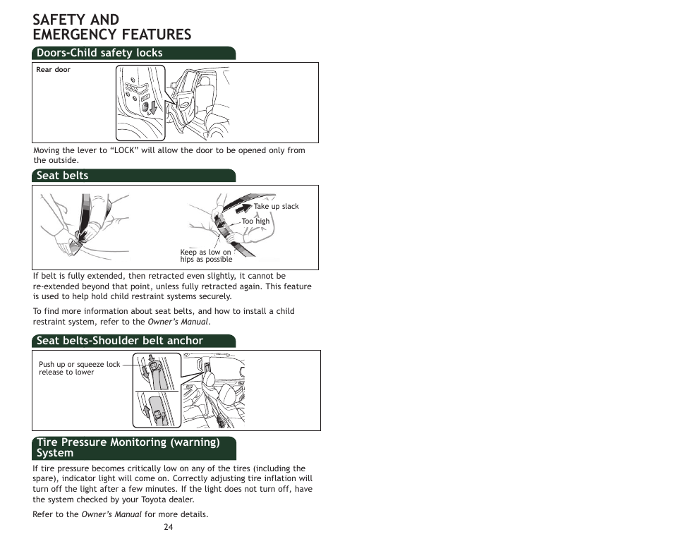 Safety and emergency features | TOYOTA 2009 4Runner User Manual | Page 15 / 17