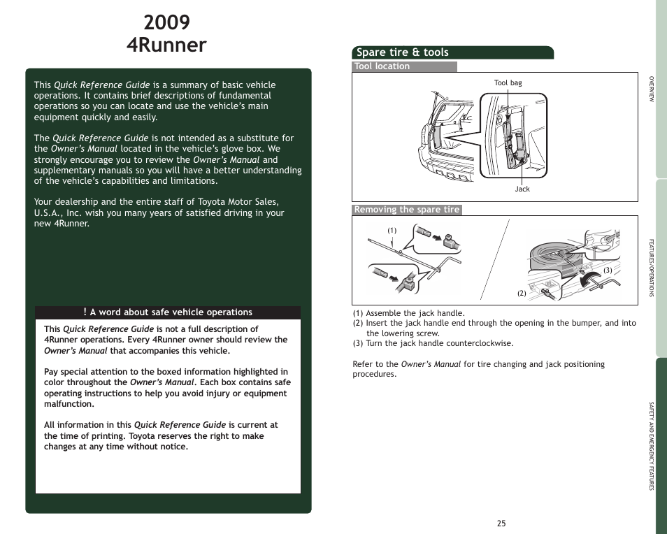 Spare tire & tools | TOYOTA 2009 4Runner User Manual | Page 2 / 17