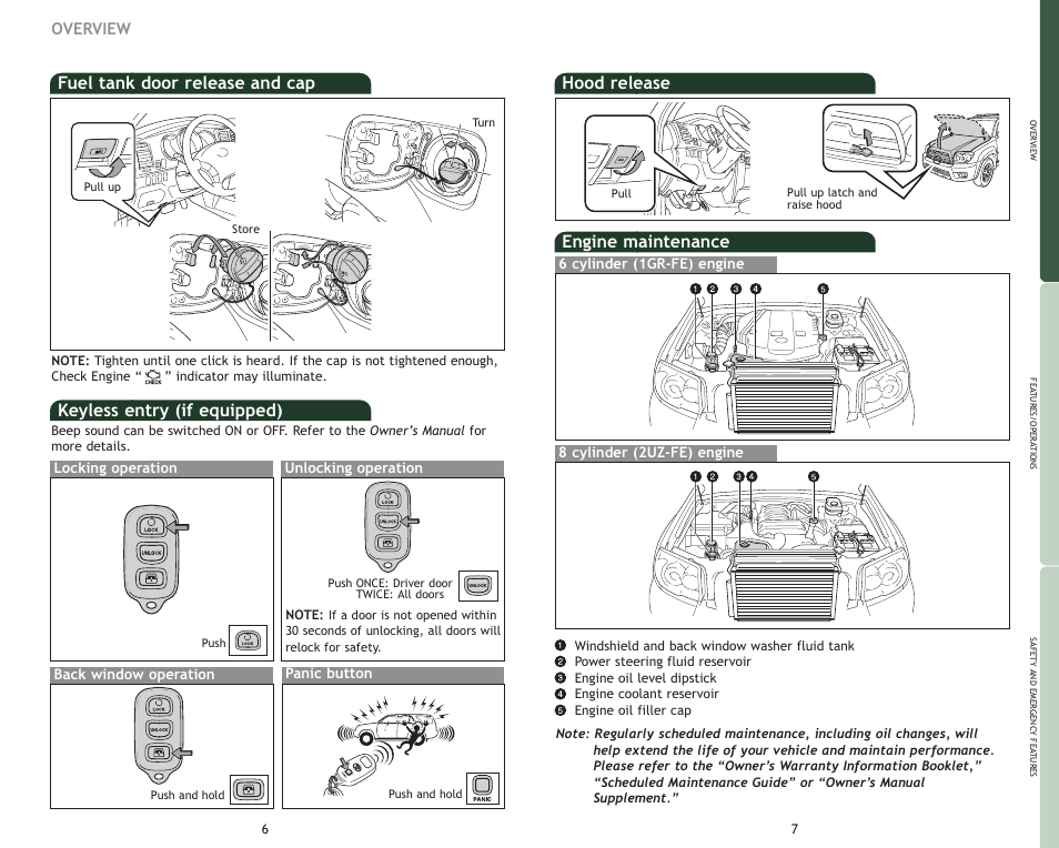 Fuel tank door release and cap, Keyless entry (if equipped), Engine maintenance | Hood release, Overview | TOYOTA 2009 4Runner User Manual | Page 6 / 17