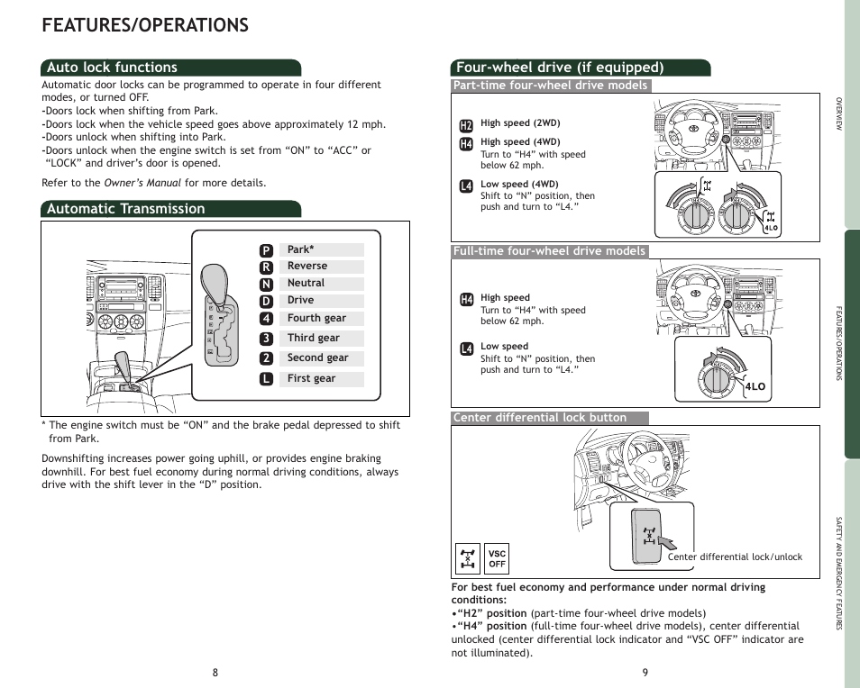 Features/operations, Auto lock functions, Automatic transmission | Four-wheel drive (if equipped) | TOYOTA 2009 4Runner User Manual | Page 7 / 17