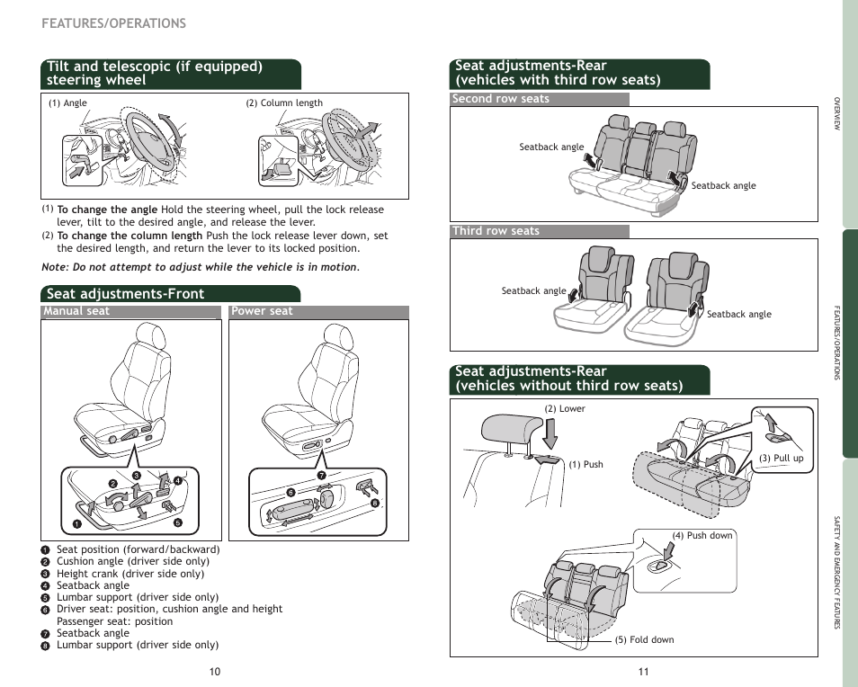 Seat adjustments-front, Tilt and telescopic (if equipped) steering wheel, Features/operations | TOYOTA 2009 4Runner User Manual | Page 8 / 17