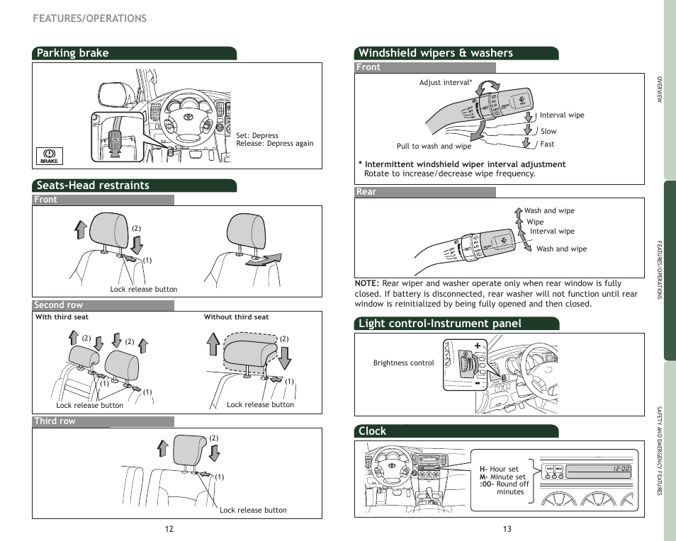 Windshield wipers & washers, Light control-instrument panel, Clock | Seats-head restraints, Parking brake, Features/operations | TOYOTA 2009 4Runner User Manual | Page 9 / 17