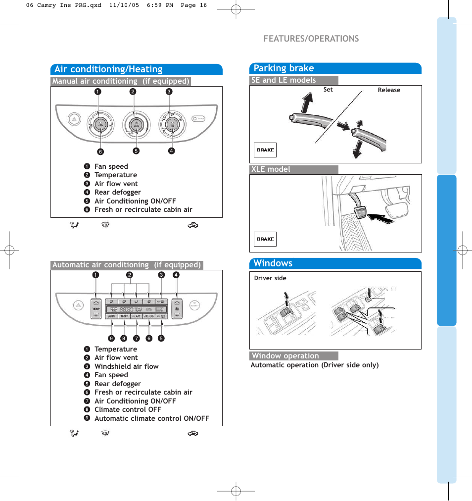 Air conditioning/heating, Windows, Parking brake | Features/operations | TOYOTA CAMRY 2006 User Manual | Page 11 / 13
