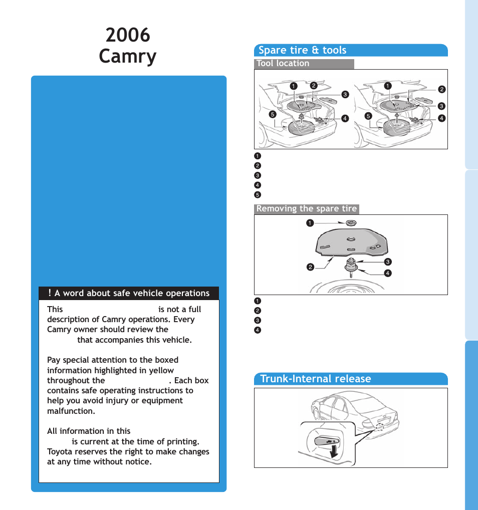 2006 camry, Spare tire & tools, Trunk-internal release | TOYOTA CAMRY 2006 User Manual | Page 2 / 13