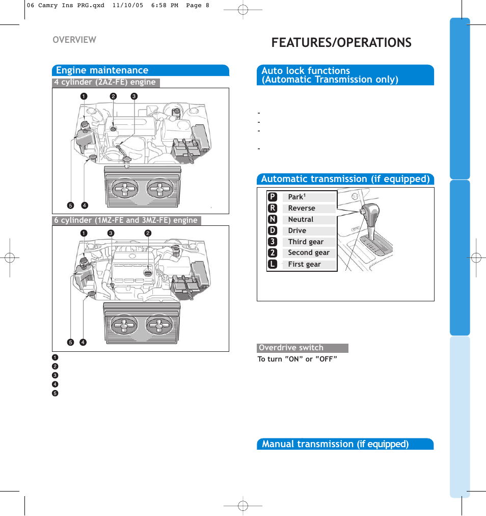 Features/operations, Engine maintenance, Manual transmission (if equipped) | Overview | TOYOTA CAMRY 2006 User Manual | Page 7 / 13